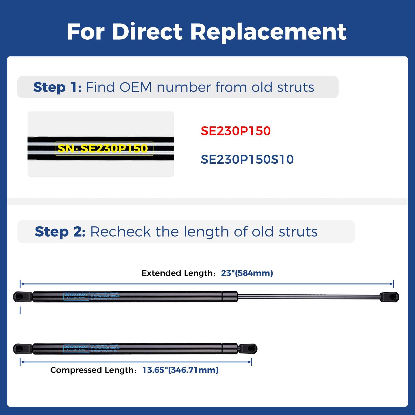 Arana Se230P150 23 Inch 150Lb/668N Gas Struts, Se230P150S10 23'' 150Lb Gas Spring Shock Lift Support For Tonneau Cover Truck Bed