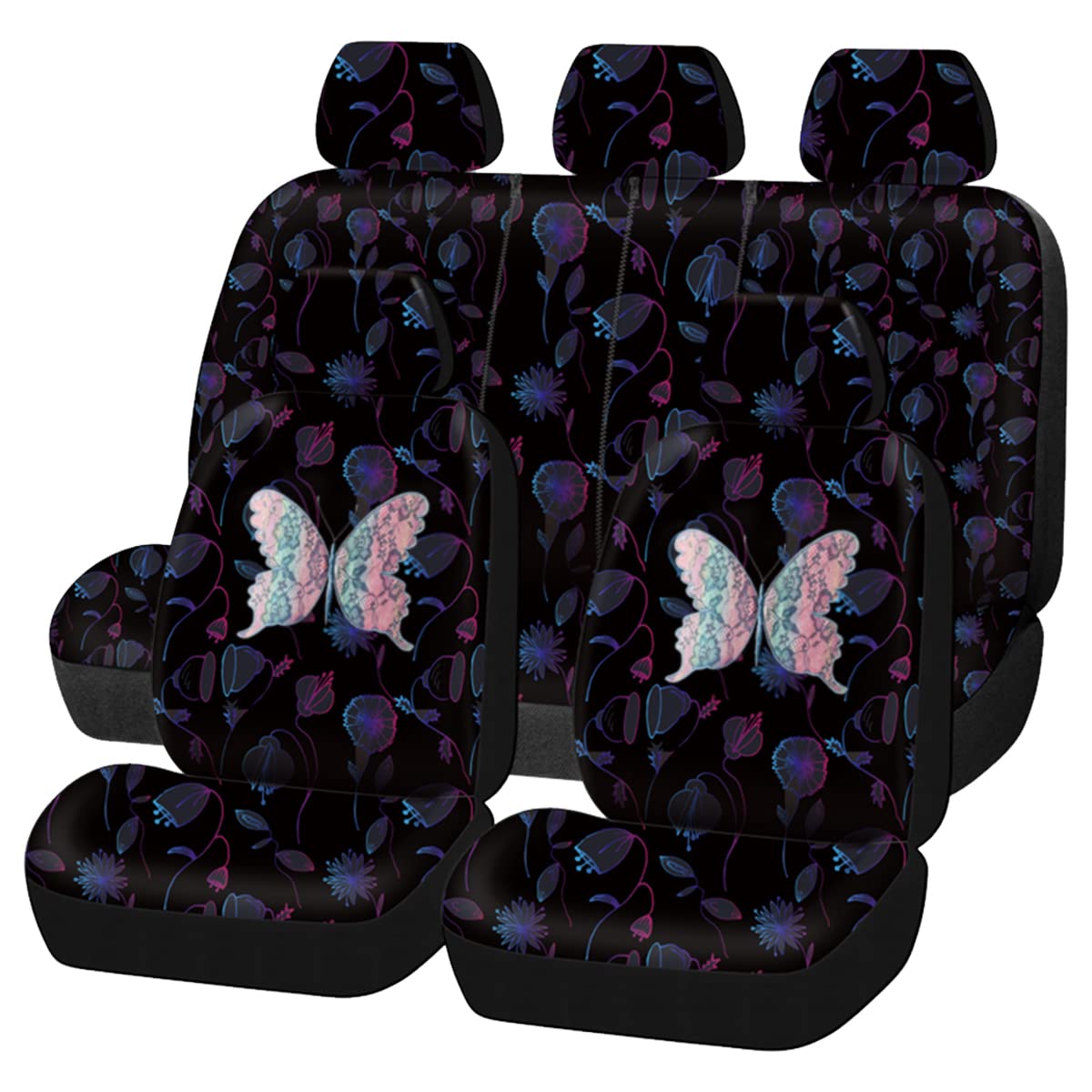 Flying Banner Butterfly Car Seat Covers Ful Set Fashion Universal Lady Woman Female Rear Bench Split Colorized (Muti-Color, Full Set -- Printing & Embriodery)