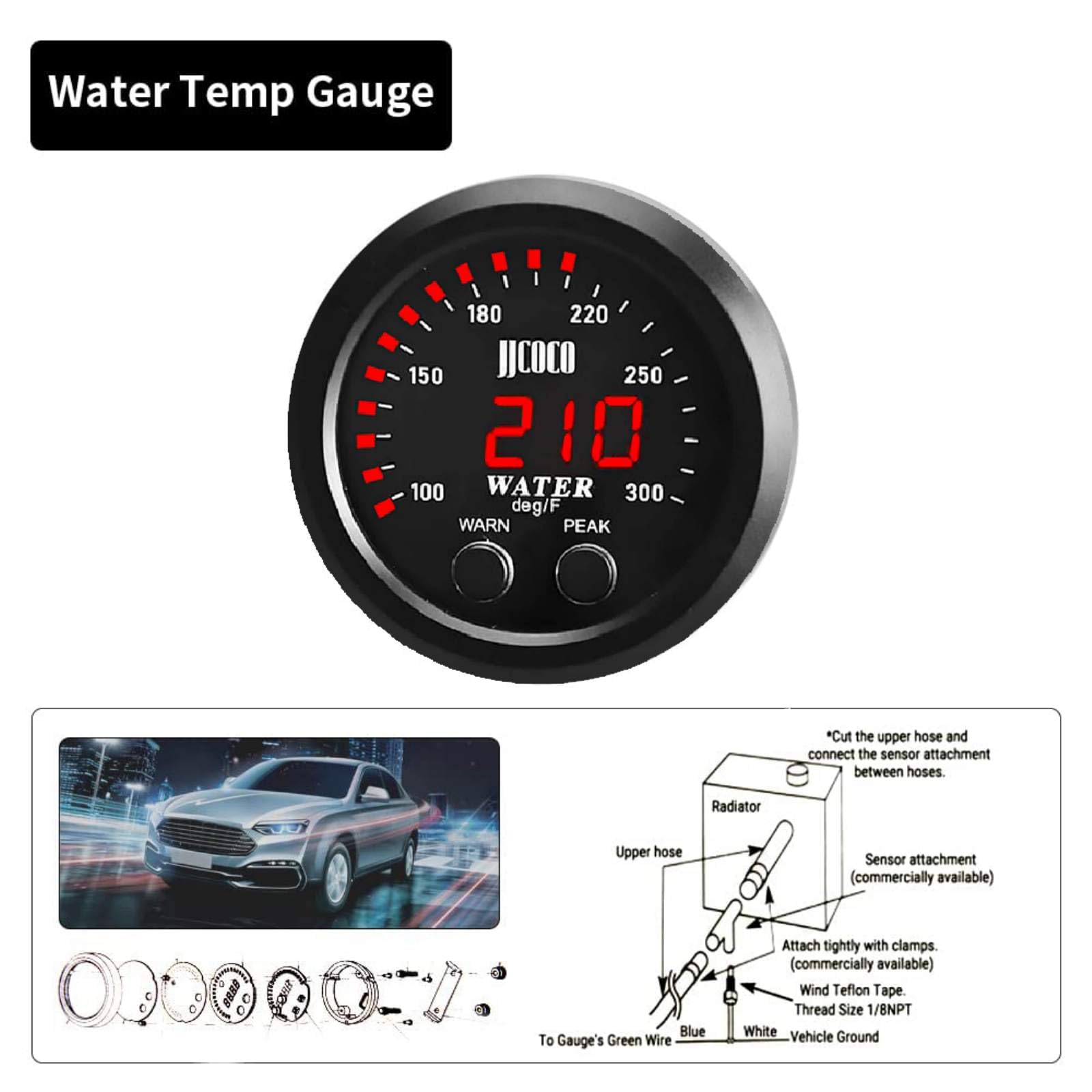 ZHSYMX Universal 52mm Water Temperature Gauge with Alarm and 1/8 NPT Sensor Car Digital Meter Red Display Temp 100-300F(38-150C)