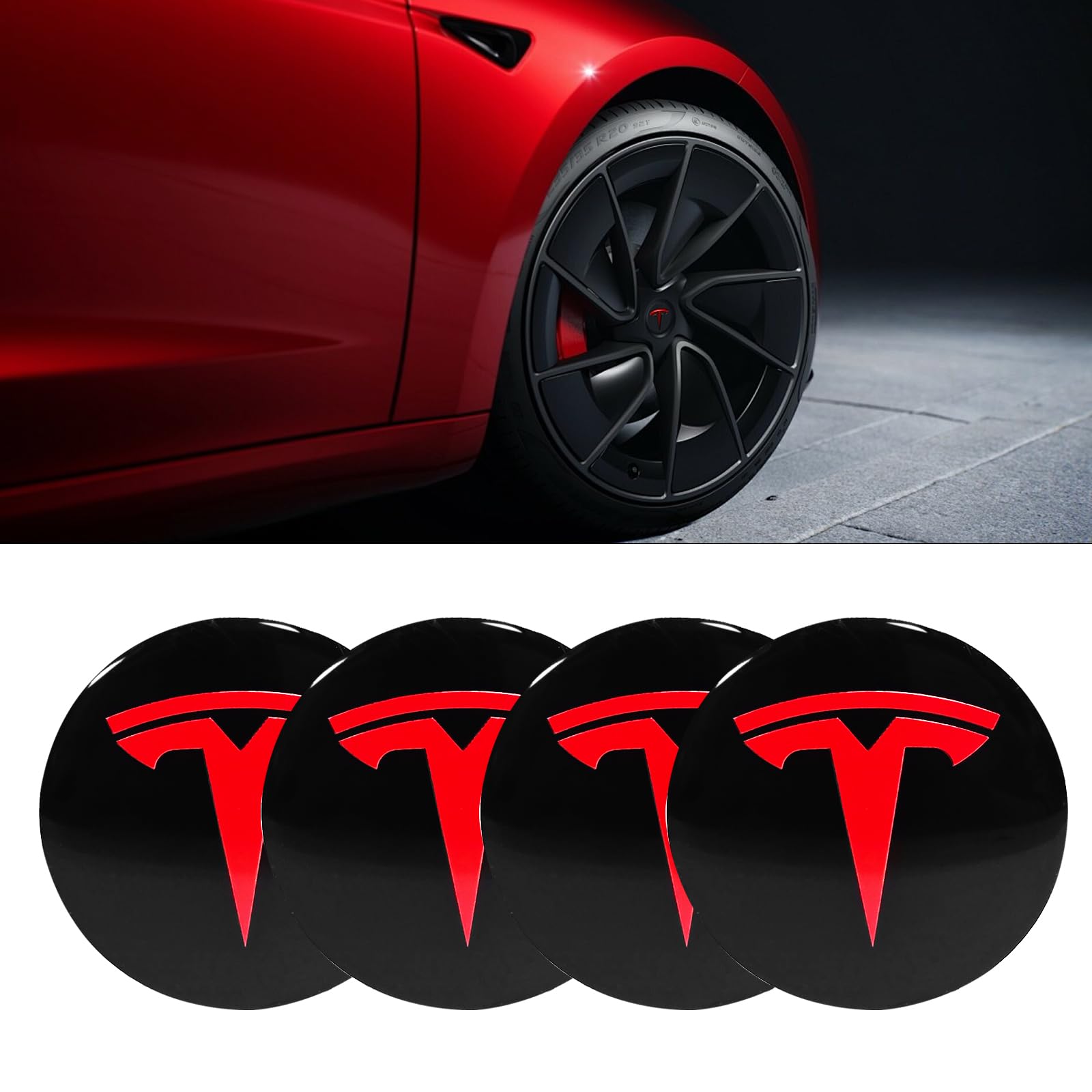 Knomix 4 Pack Aluminum Waterproof Wheel Cover Center Emblem Sticker for Tesla Model 3 Model Y 56mm Hubcaps Wheel Rim Cover (Blac