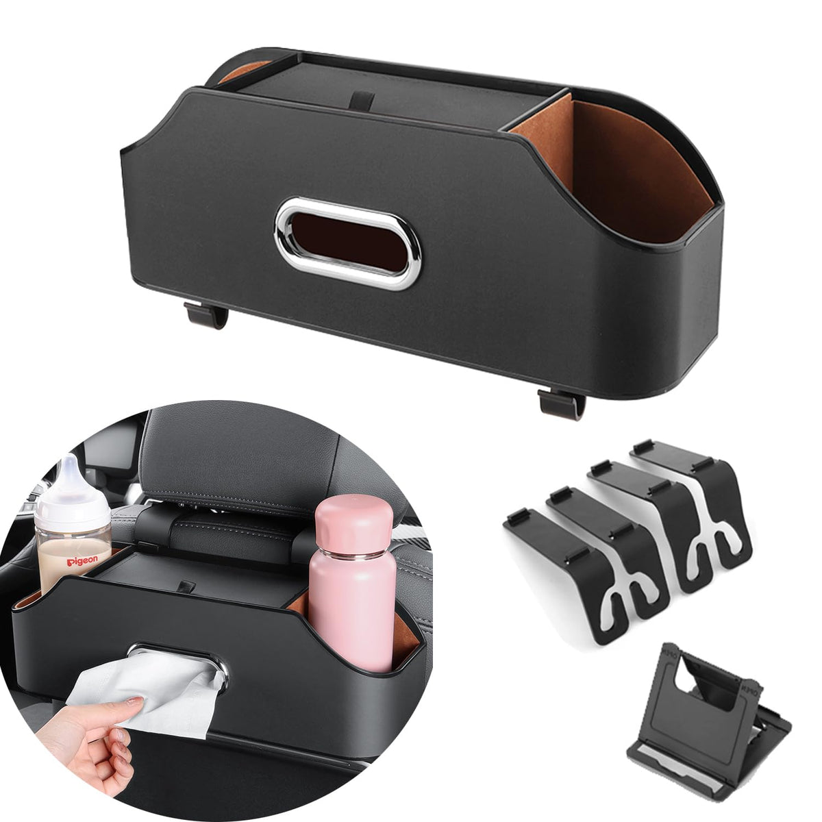 Car Back Seat Organizer with 2 Drink Cup Holder and Tissue Box, Headrest Hanging Storage Box with Hooks and Phone Holder, Multi-