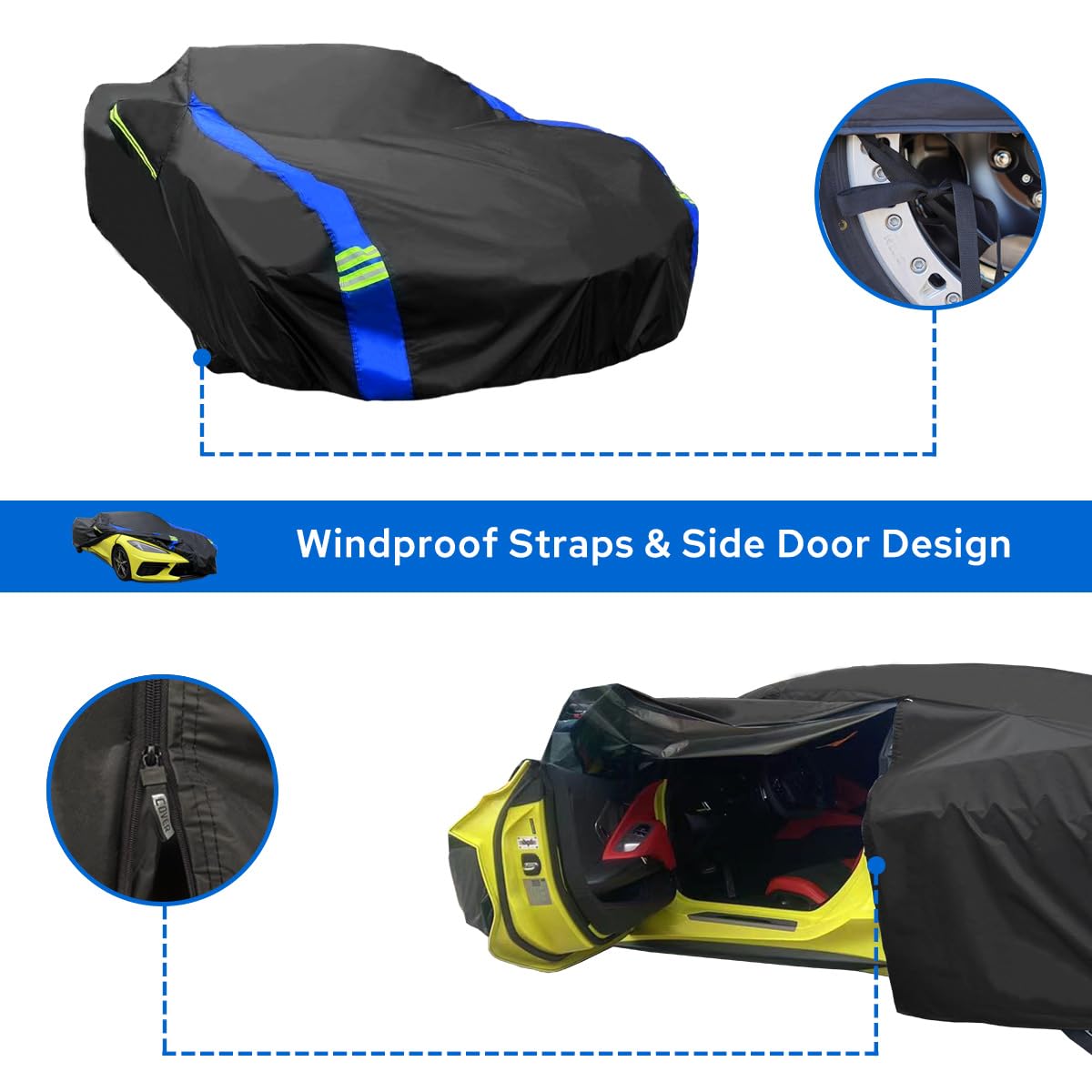 Avecrew Waterproof Car Cover for Chevrolet Corvette C4/C5/C6/C7, Oxford Material, Black-Blue, Model RZ-21-C4C7, Outdoor Full Fit