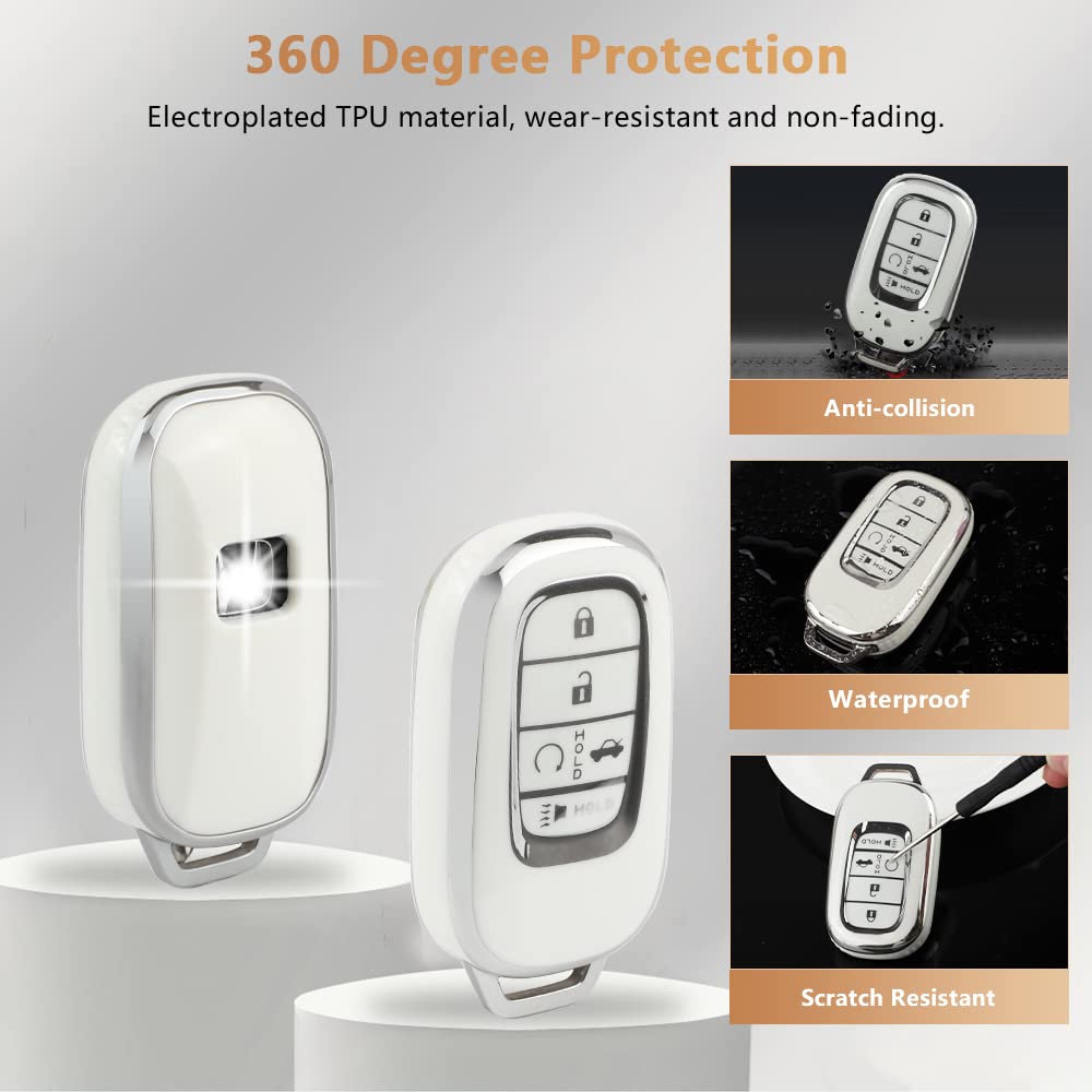 Pifoog Car Key Cover For Honda Civic 2022 Accessories Tpu Soft Keys Fob Shell Case 5 - Button Car Smart Keyless Entry Covers Glittering Keychain White Silver Girly Women