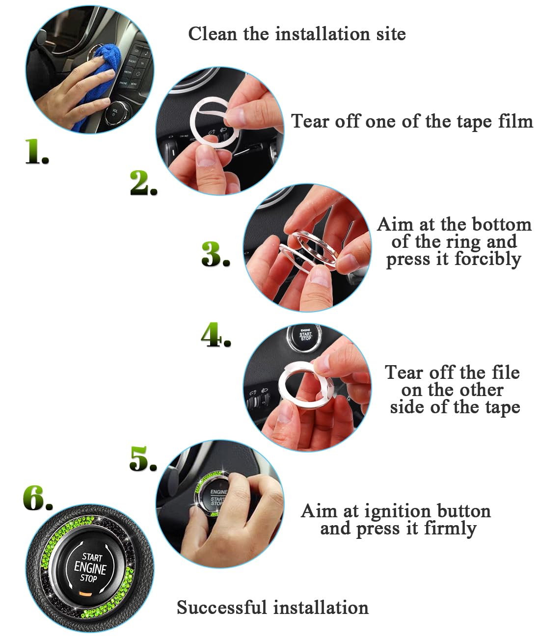 Tobequeen Bling Black Green Push Start Button Cover Emblem Sticker, Crystal Diamond Rhinestone Start Button Ring Car Decor, Gree