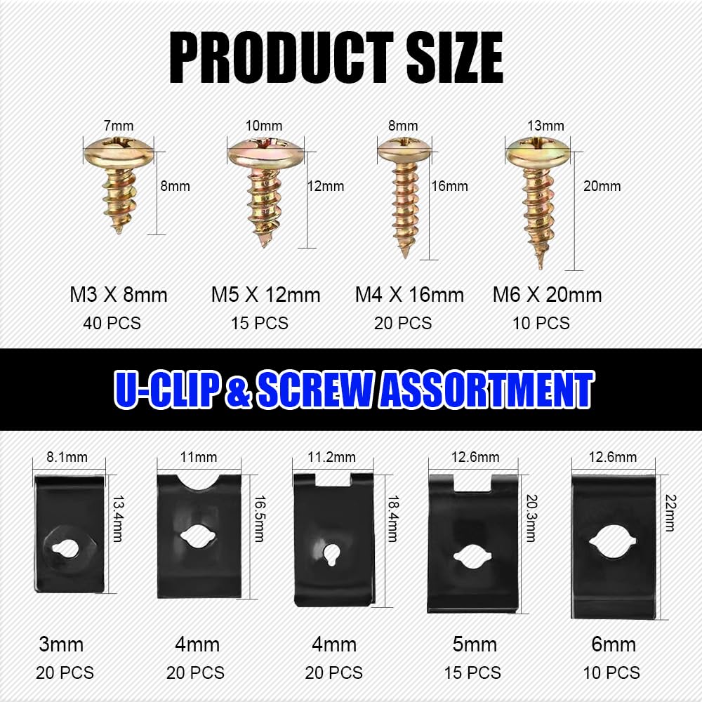 170PCS Automotive Screws and Clips Assortment Kit, Car U-Clip and Screw Assortment Kit, 9 Different Sizes Automotive U Nut and S