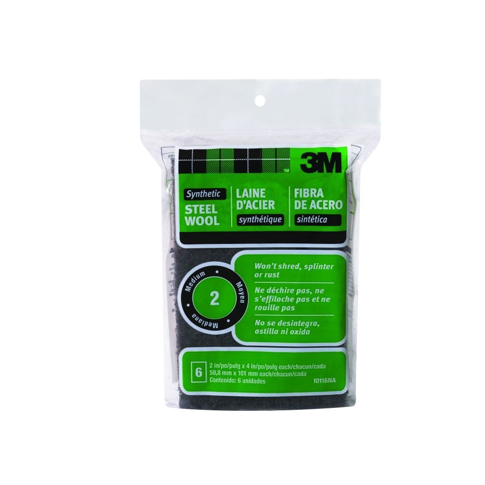 3M Synthetic Steel Wool Pads, #2 Medium, 6-Pads, Use Wet Or Dry, Compatible With Water-Based Strippers & Finishes, Will Not Shre