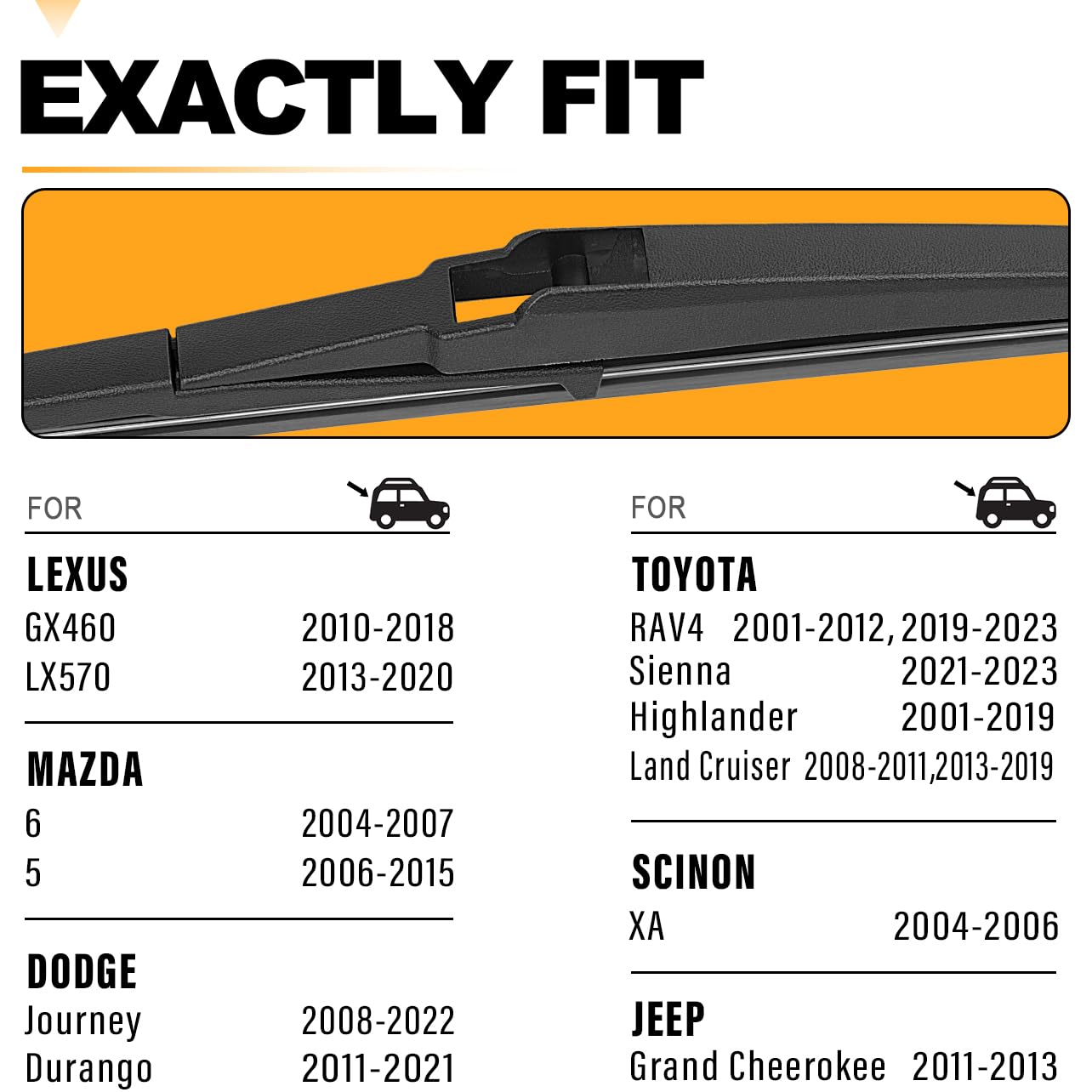 Autoboo 12 Inch Rear Wiper Blade For 2001-2012,19-23 Toyota Rav4,01-19 Highlander,Dodge Journey Durango,Jeep Grand Cheerokee,Sci