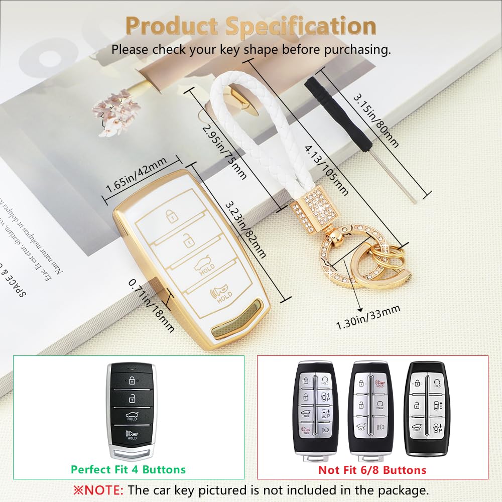 Pifoog Key Fob Cover For Genesis G80 G90 G70 Accessories 4 Buttons Car Smart Keys Shell Case Bling Keychain Landyard Protector P
