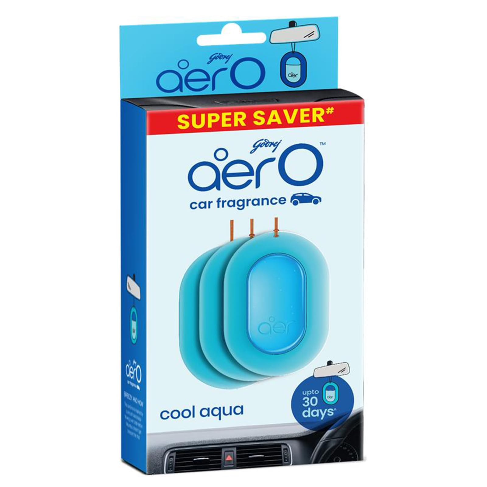 Godrej aer O  Hanging Car Air Freshener  Cool Aqua Pack of 3 (22.5g) | Gel Lasts up to 30 days | Car Accessories