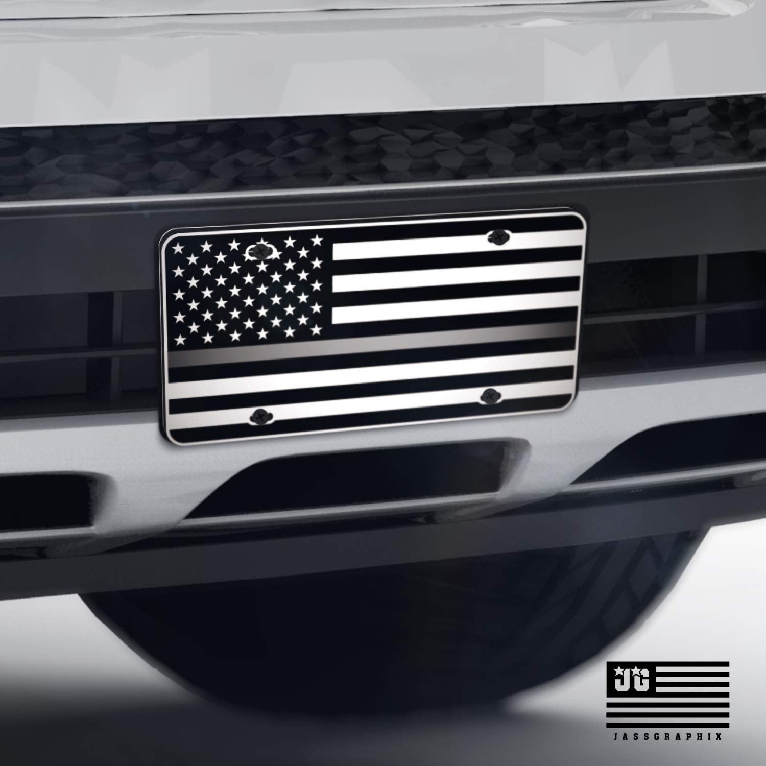 Jass Graphix Thin Silver Gray Line American Flag License Plate Correctional Officers Matte Black On 1/8'' White Aluminum Composi