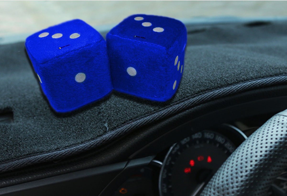 Zento Deals Pair of Hanging Black Dots Fuzzy Dices Nostalgic Retro (Blue)