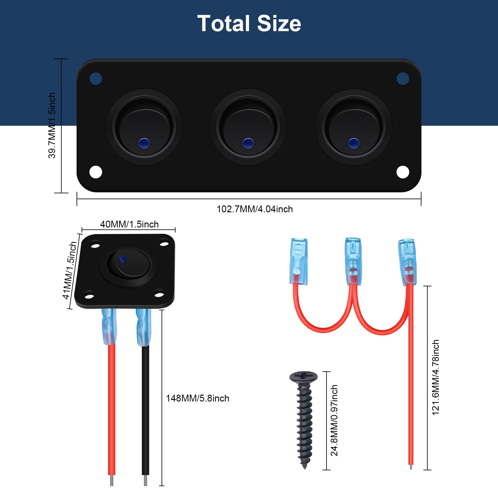 RVZONE 3 Gang Rocker Toggle Switch Panel, DC 12V 20A Blue LED Switch Panel Round Lighted ON Off SPST Switch Control for Ships, Y