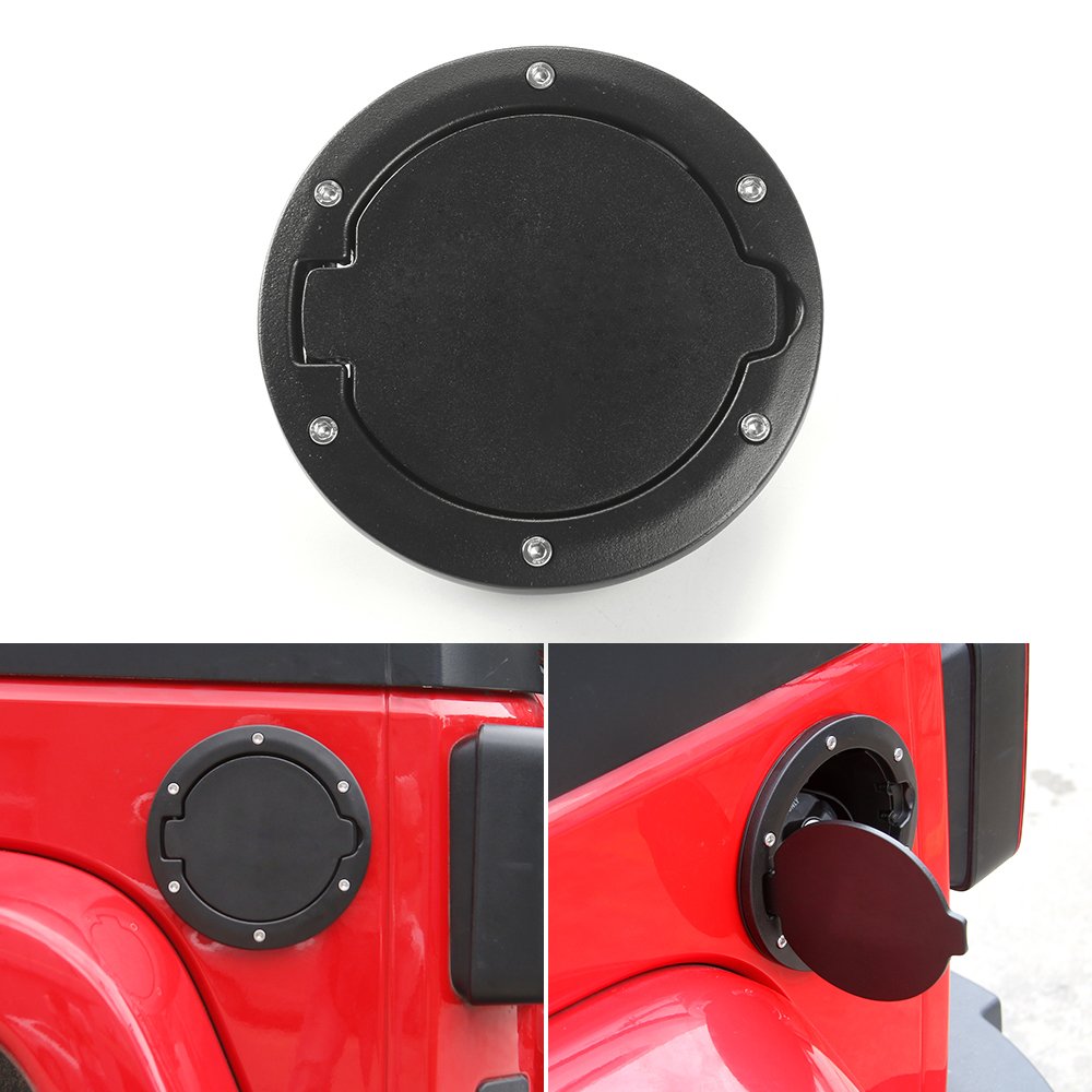 JeCar Aluminum Gas Cap Fuel Filler Door Cover for Jeep Wrangler 2007-2018 JK & Unlimited Accessories (Black)