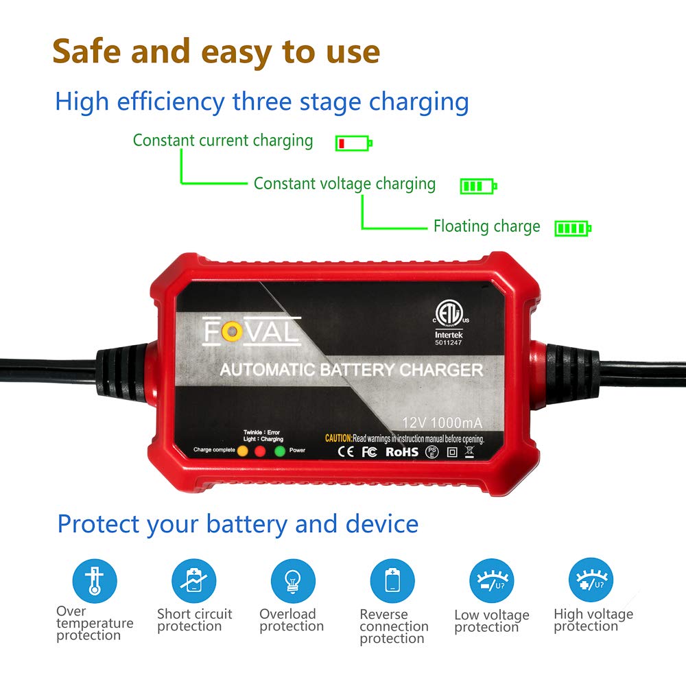 Foval 12V 1000mA Automatic Trickle Battery Charger, Smart Charging, Black, Model BC01B-1