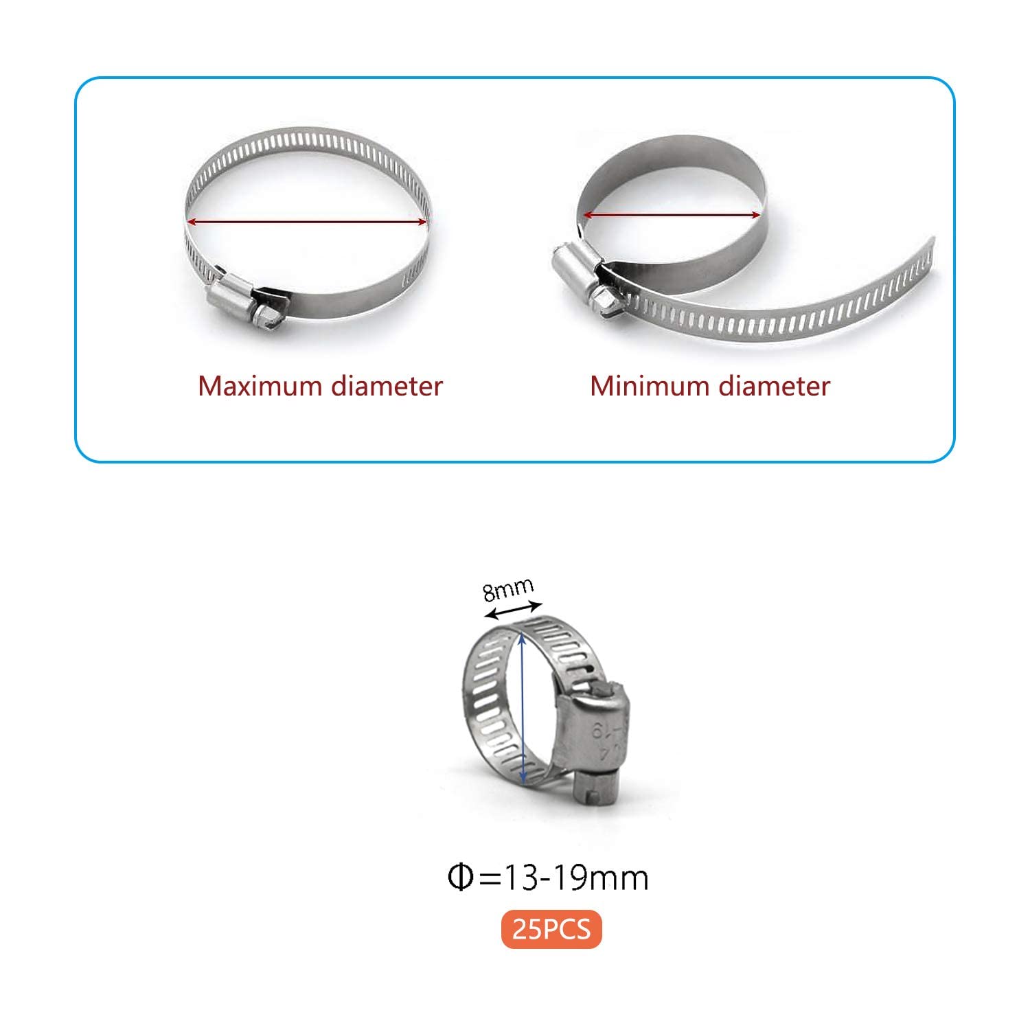 Zipcci Hose Clamp, 25 Pack Stainless Steel Worm Gear Fuel Line Hose Clamps, 13-19Mm (1/2-3/4 Inch)