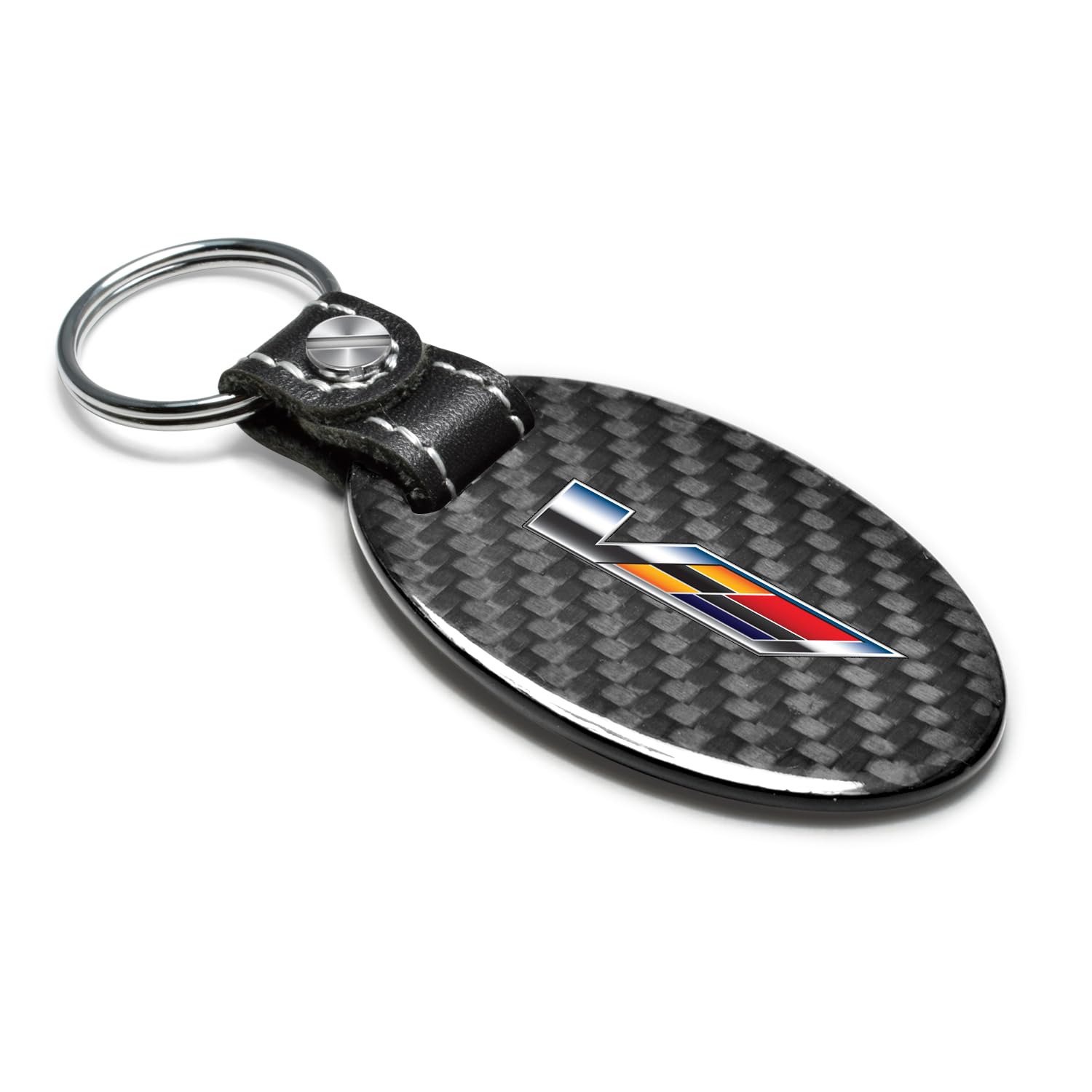 iPick Image for Cadillac V Logo Black Real Carbon Fiber Oval Shape with Black Leather Strap Key Chain Keychain, Official Licensed