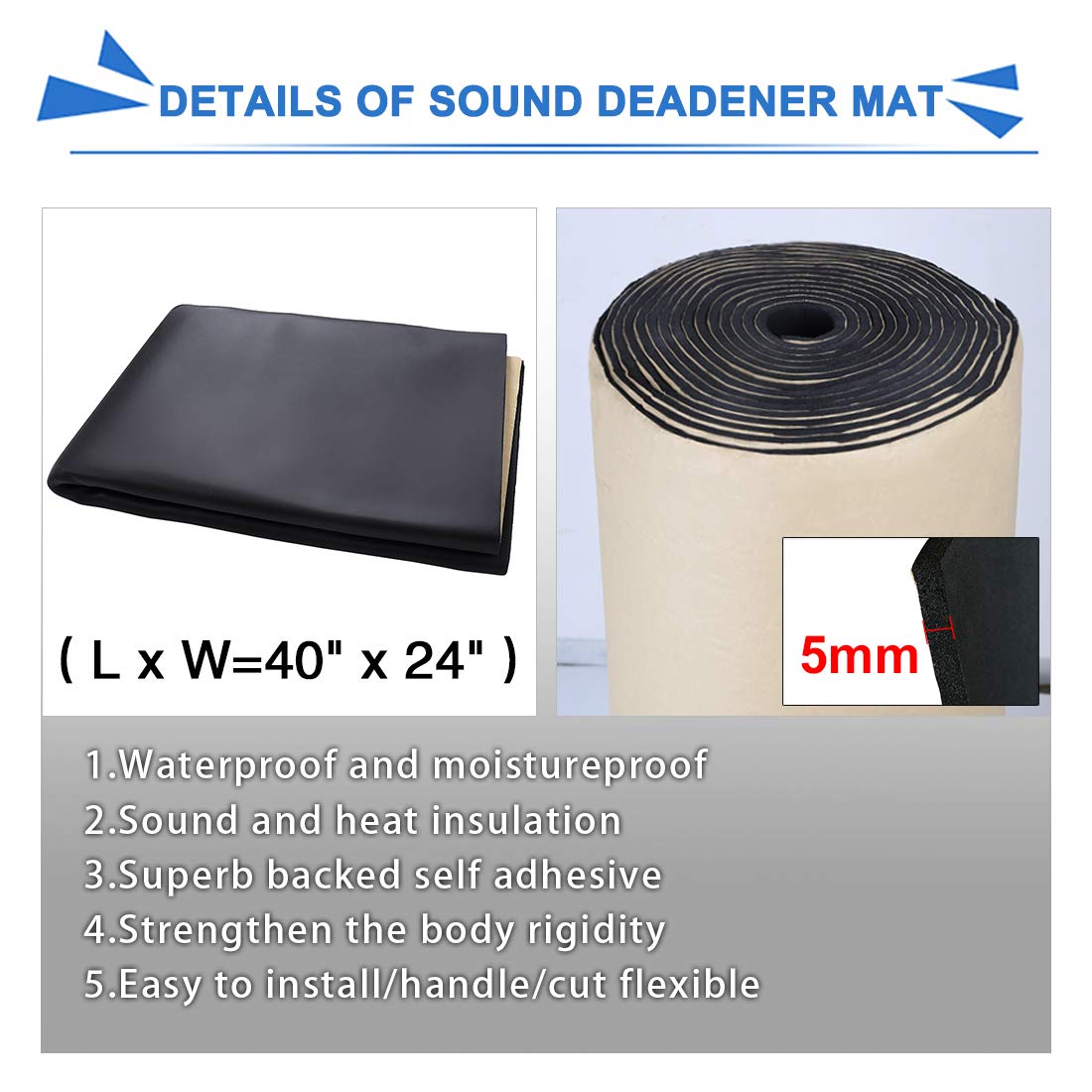 Uxcell 197Mil 6.46Sqft Car Truck Cell Foam 5Mm Sound Proofing Insulation Noise Control Deadener Mat 40''X24''