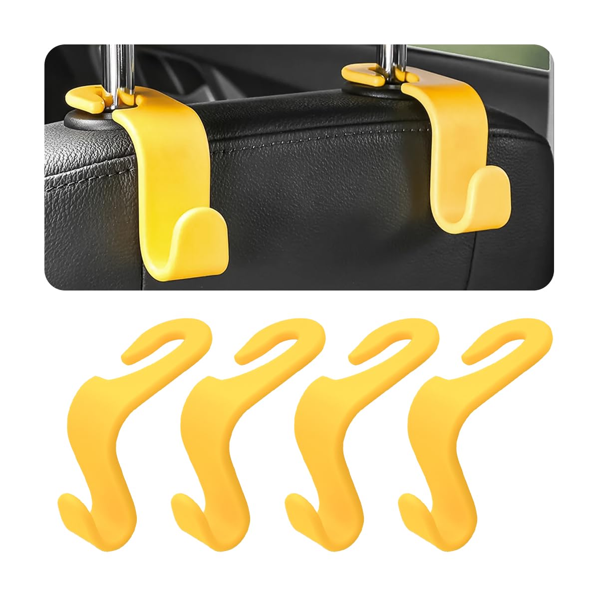 4Pcs Car Back Seat Headrest Hooks, Rear Car Seat Storage Headrest Hanger Holder Hooks Organizer, Universal Auto Interior Accessories For Bag Purse Handbag Cloth Coats Grocery (Yellow)