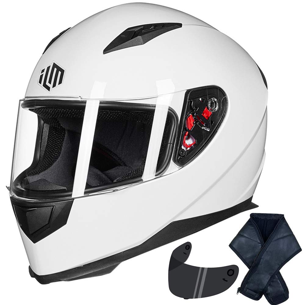 Ilm Full Face Motorcycle Street Bike Helmet With Removable Winter Neck Scarf + 2 Visors Dot Model-Jk313 (S, White)