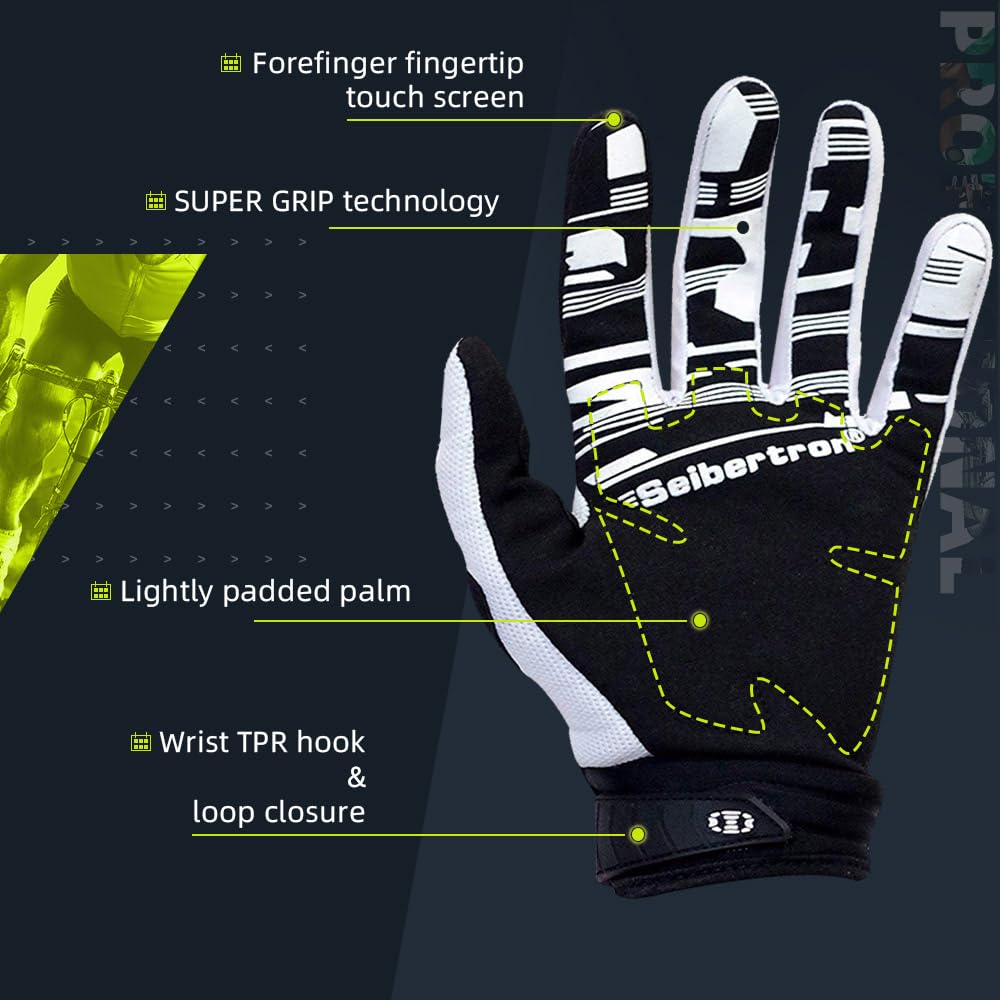 Seibertron Dirtpaw Full Finger Gloves, Adult Size L, White, Spandex, BMX/MX ATV Motocross Cycling Sports Gloves