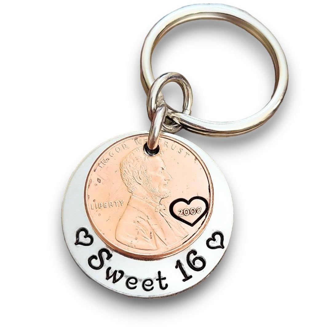 Happy, Sweet 16 Birthday, Coin Lucky (Birth Year), Penny Key Chain, Gift for Teenage, New Driver
