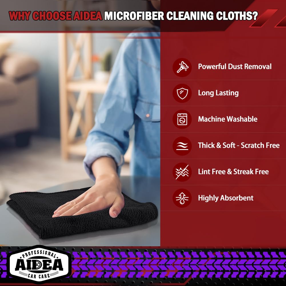 Aidea Microfiber Cleaning Cloth Black 10Pk, Microfiber Towels For Cars, Premium Car Cloth, Dusting Cloth Lint Free Cleaning Rags