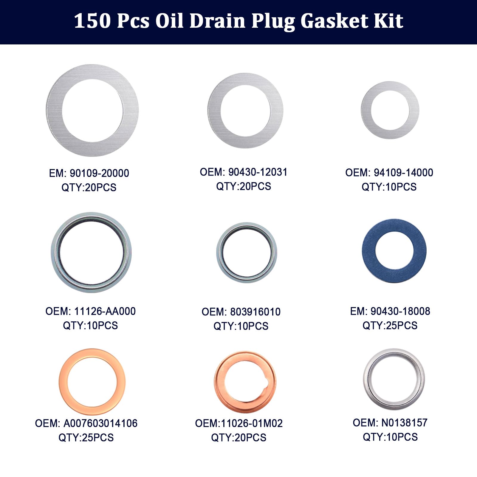 maierke 150PCS Crush Washer Oil Drain Plug,9 Sizes Oil Drain Plug Gasket Assortment,Automotive Engine Crush Washers (M11 M12 M14