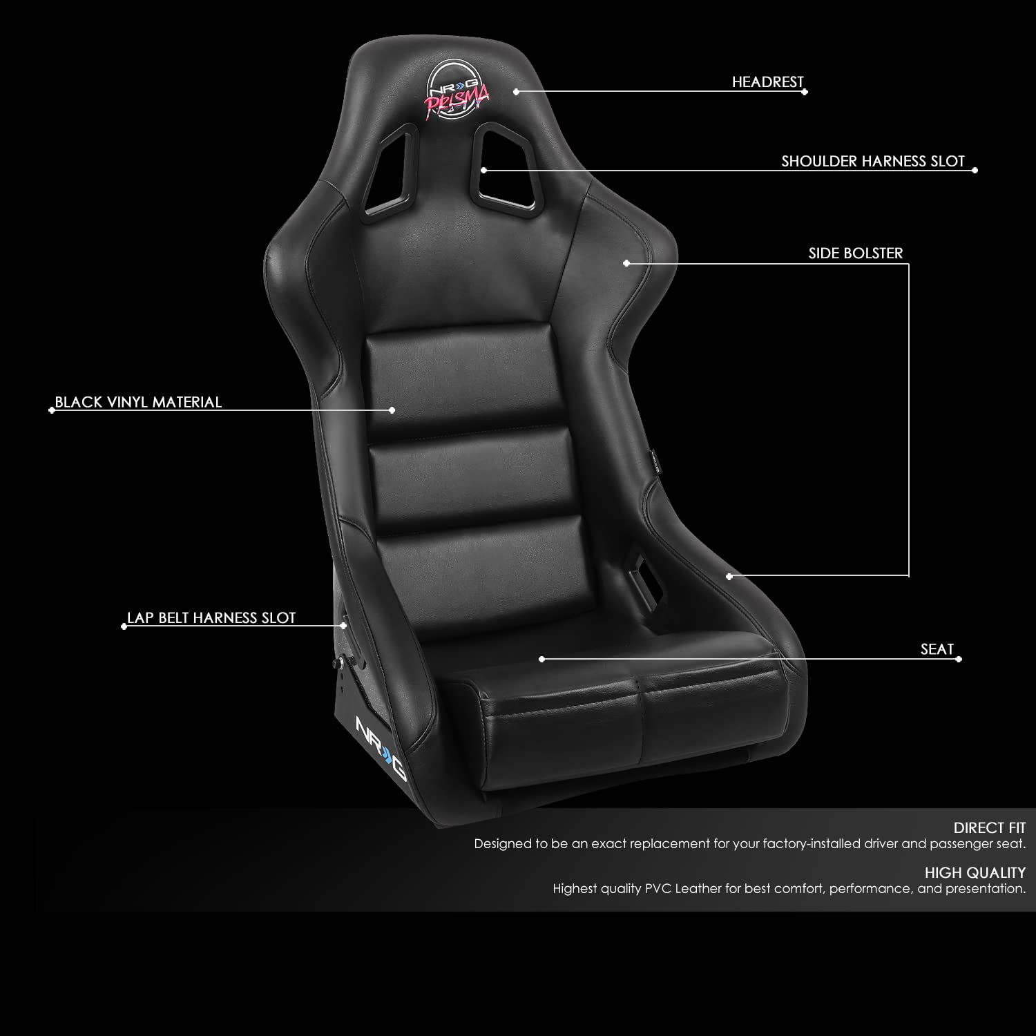 Nrg Innovations Frp-302Bk-V Bucket Racing Seat Double Layer Frp Black Vinyl Wrapped Mixed-Density Foam 5 Point Harness Compatibi