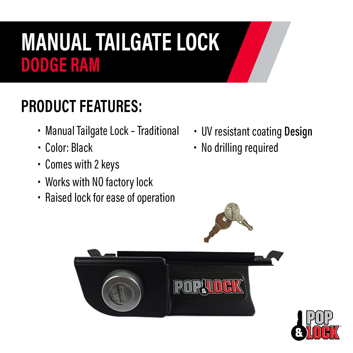 POP & LOCK - Manual Tailgate Lock for Dodge Ram 1500, 2500, and 3500, Fits 2002 to 2008 (Black, PL3400, Works with No Factory Lo
