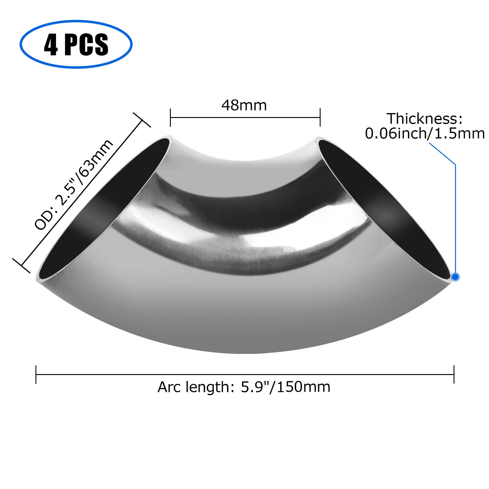 Zoeyes 4 Pcs Stainless Steel Exhaust Elbow, 2.5   Mandrel Bend Elbow - Thickness 16Ga/.065   Wall, Ss304 Stainless Elbow For Car