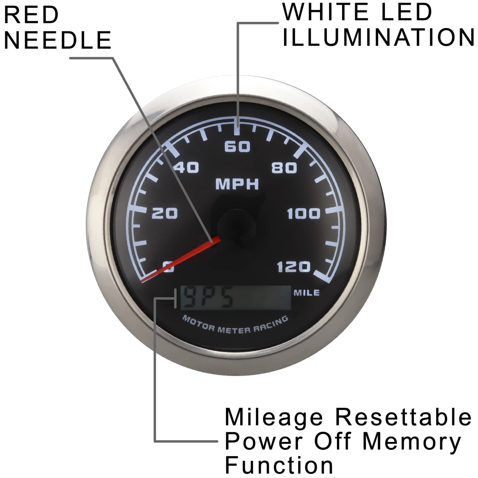 Motor Meter Racing W Pro 85Mm 3-3/8'' Gps Speedometer Digital Odometer 220 Kmh Waterproof Black Dial White Led For Car Truck Mar