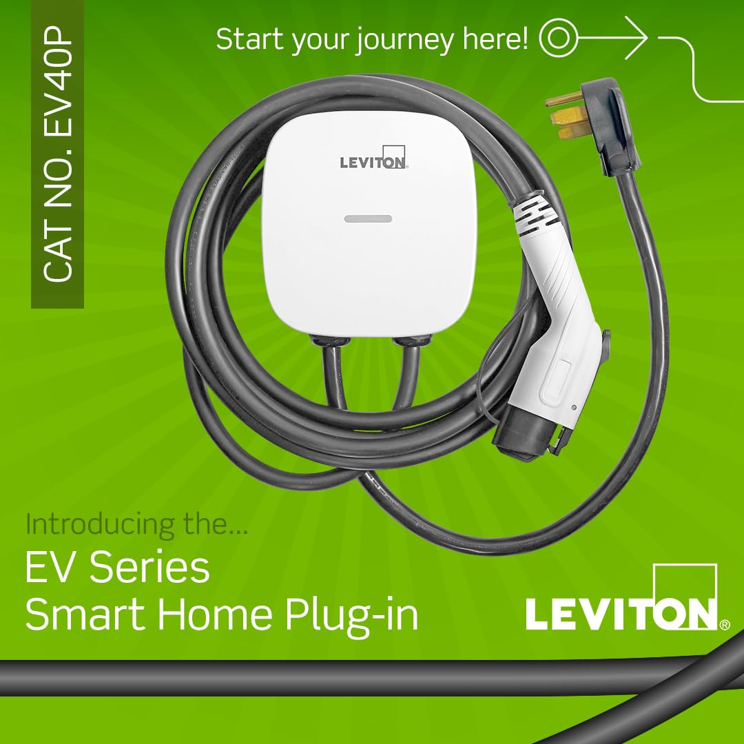 Leviton Level 2 Smart EV Charger with Wi-Fi, 40 Amp, 9.6kW Output, 25' Cable, NEMA 14-50P, Indoor/Outdoor Plug-In EV Charging St