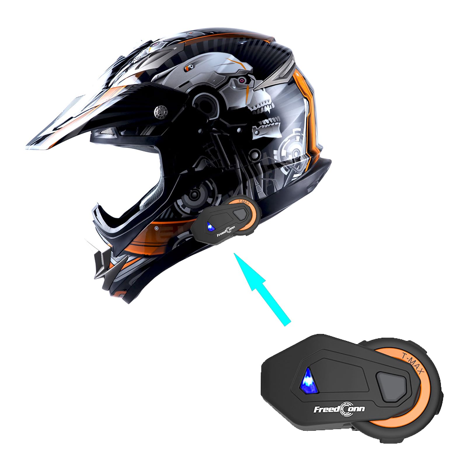 1Storm Adult Motocross Helmet Off Road Mx Bmx Atv Dirt Bike Mechanic + Motorcycle Bluetooth Headset: Skull Orange