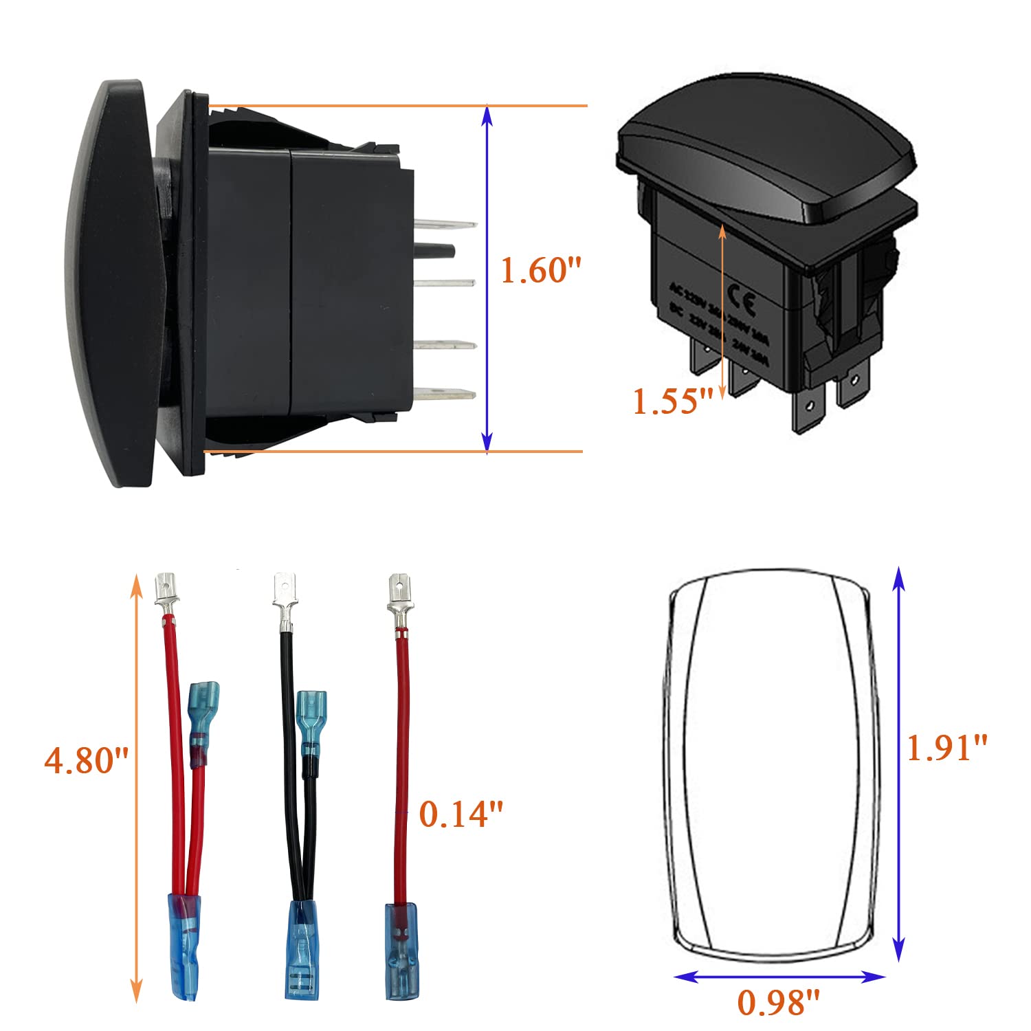 Bacautoparts 12V 24V Red Interior Lights Rocker Switch With Jumper Wires 5 Pin On-Off Light Switch For Car Boat Truck Jeep Can Am Commander Atv Utv Dash Replacement Switch