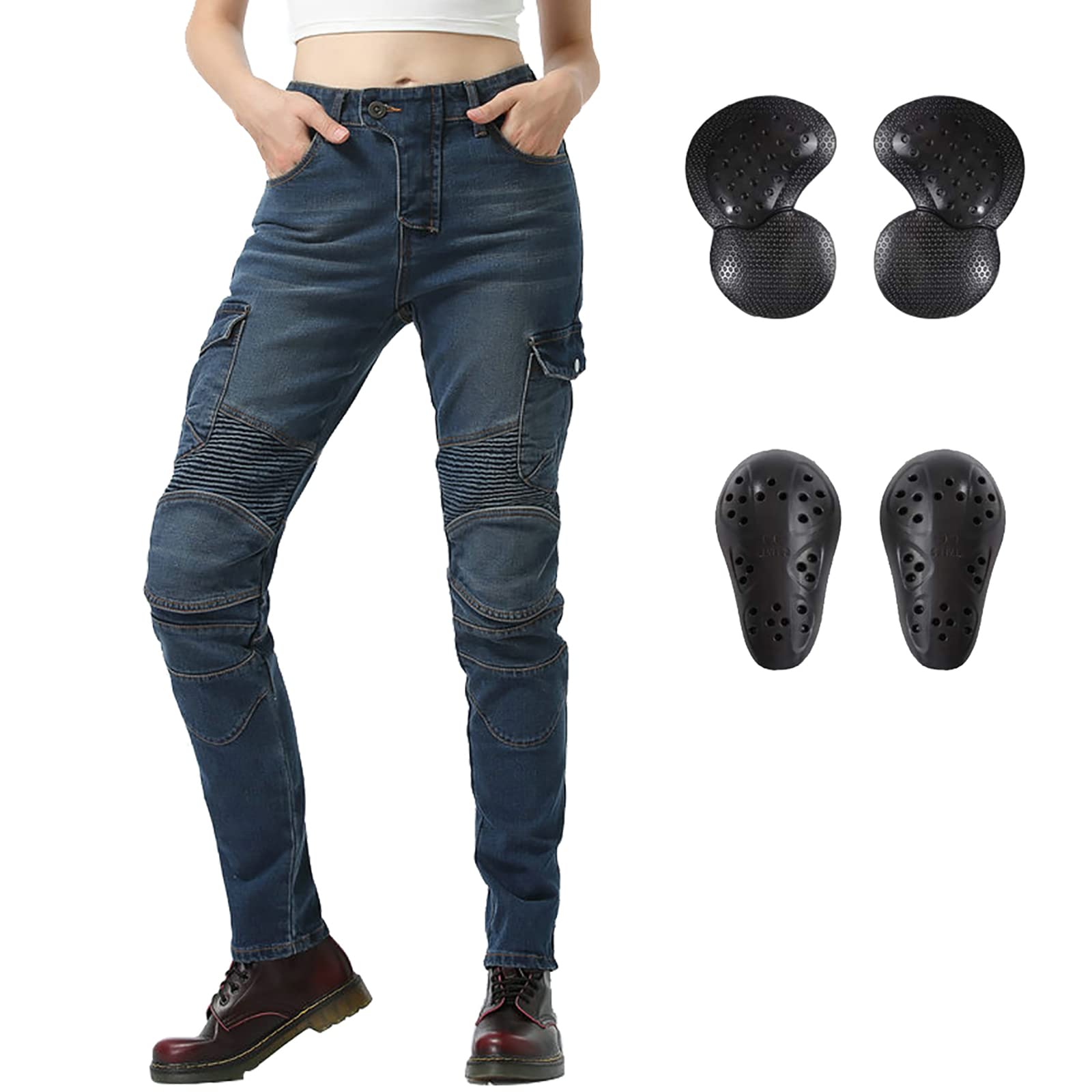 LOMENG Motorcycle Riding Pants Motorcycle Jeans Slim Fit with CE Knee Hip Removable Protectors Armor for Women Blue S 28