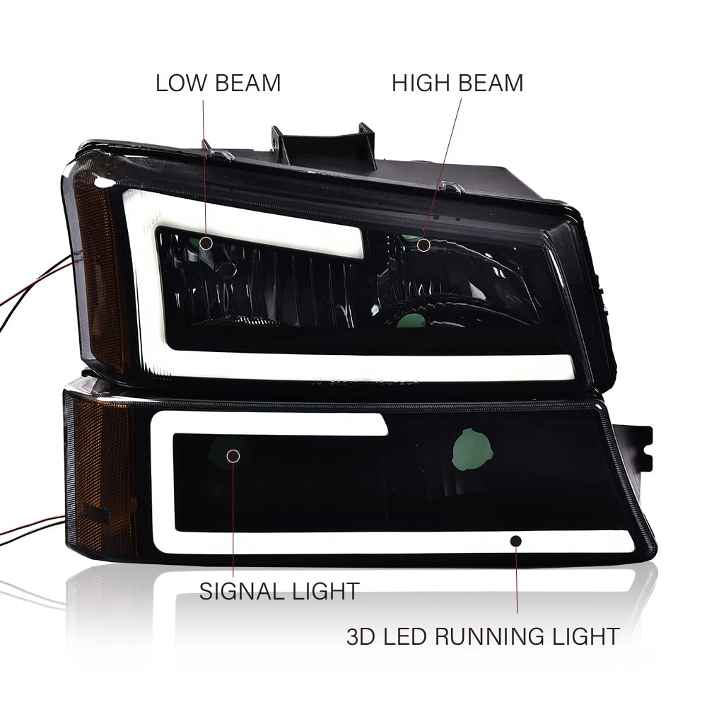 G-PLUS LED DRL Headlights for Chevy Silverado/Avalanche 2003-2006, Smoky Lens, Black Housing, Amber Reflector