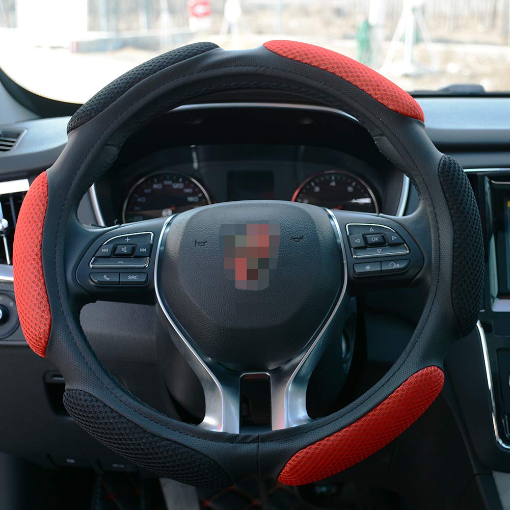 Fhqsx Auto Steering Wheel Cover Soft Hand Pad Cushion Slip-On Universal Fit 15'' / 38 Cm (Black&Red)