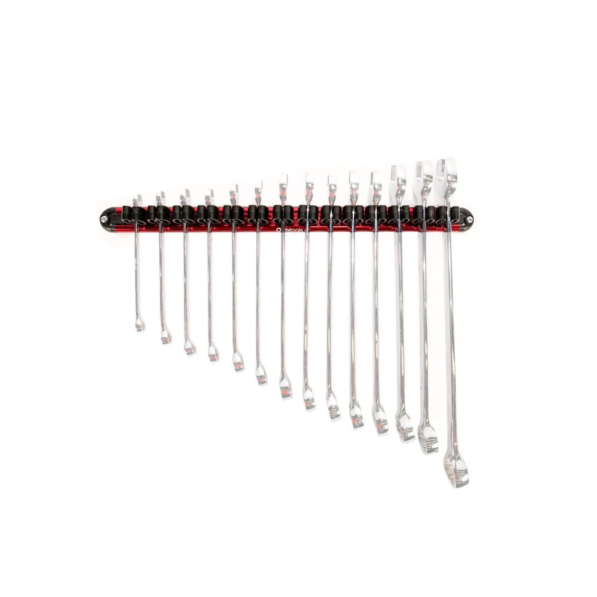 Olsa Tools Wall Mount Wrench Organizer  Red Anodized Aluminum + Black Clips  Holds 14 Wrenches