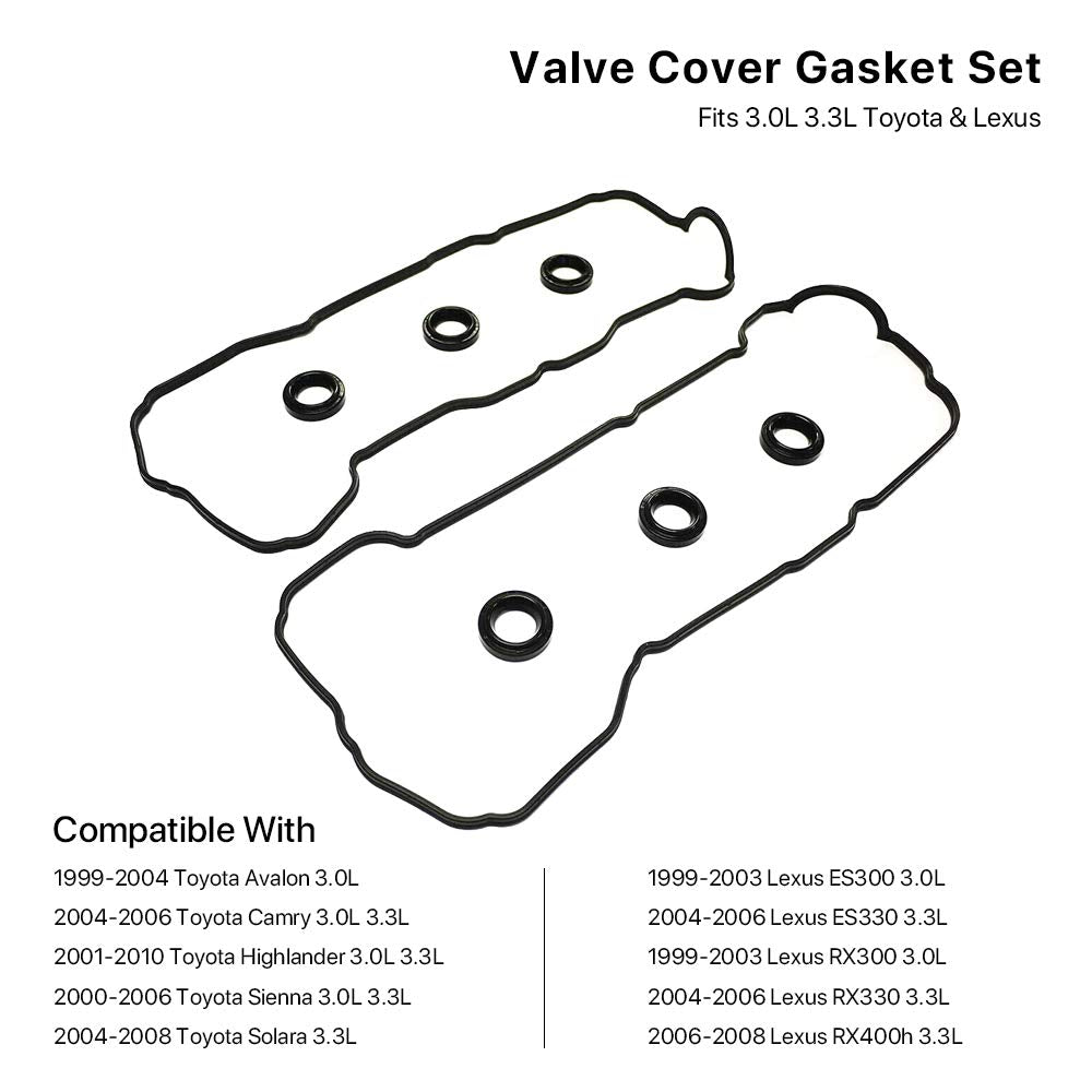 Valve Cover Gasket Set - Compatible with 3.0L 3.3L Toyota Camry, Avalon, Sienna, Highlander, Solara, Lexus ES300, ES330, RX300,