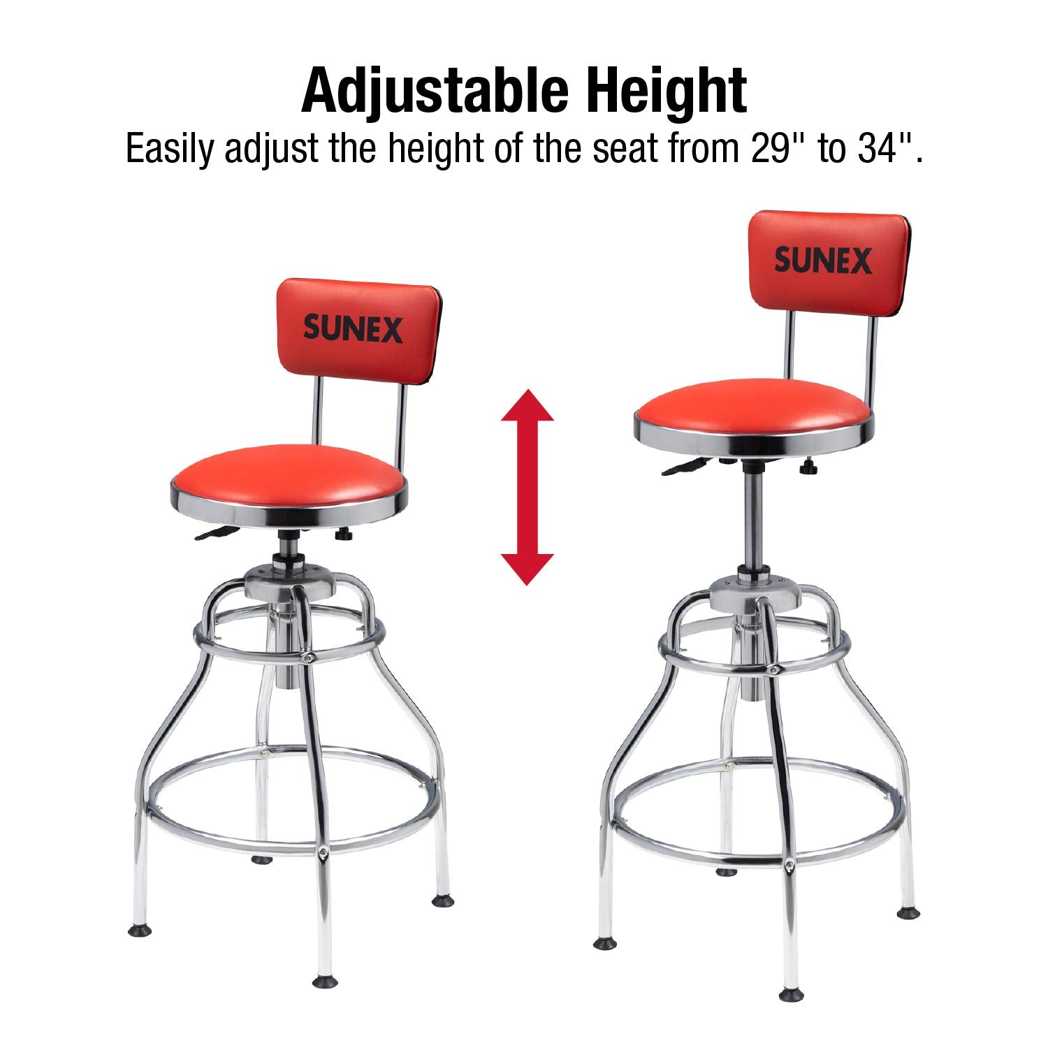 SUNEX TOOLS 8516 Hydraulic Shop Stool, High-Polished Chrome Finish, Hydraulic Seat Adjustment, Vinyl Padded Adjustable Seat and Backrest, Slip Resistant Feet, 250-Pound Capacity, Silver