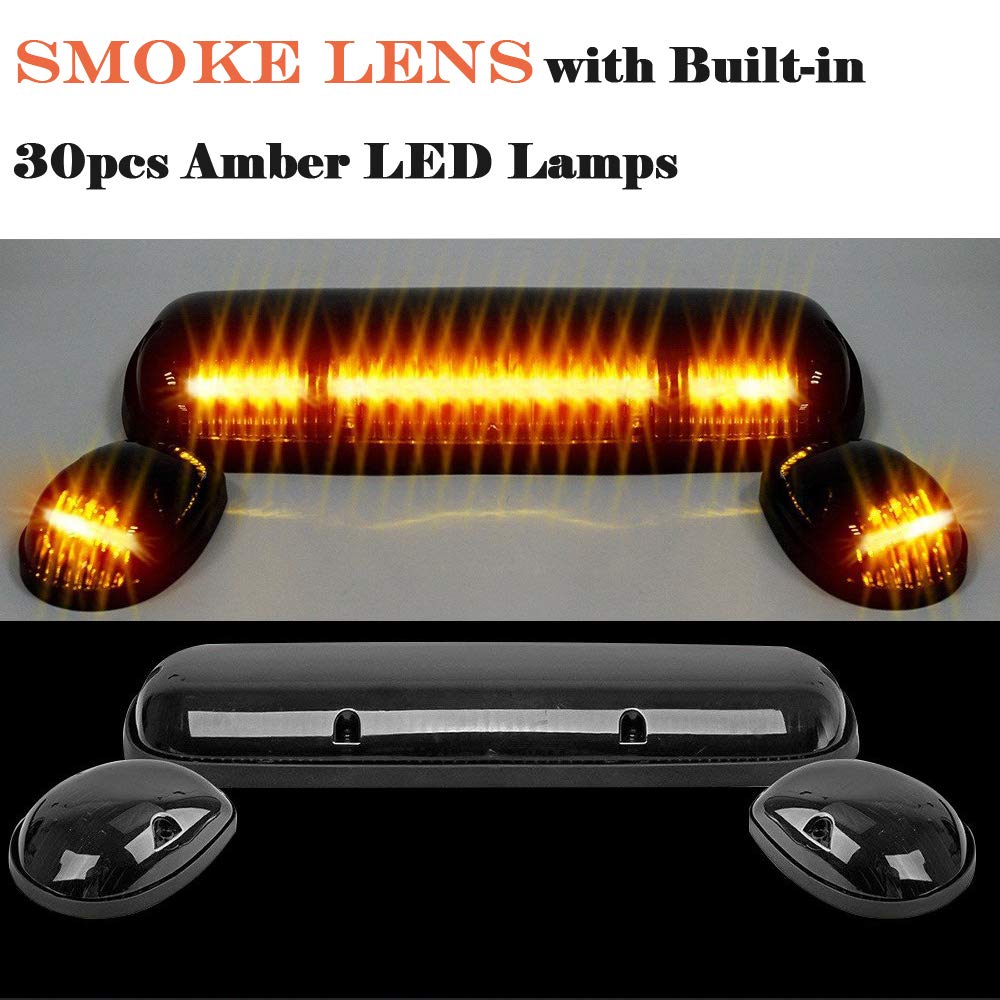 Npauto 3Pcs Smoked Cab Marker Lights Amber 30 Led Roof Top Running Lights W/Wiring Pack Replacement For 2002-2007 Chevy Silverad