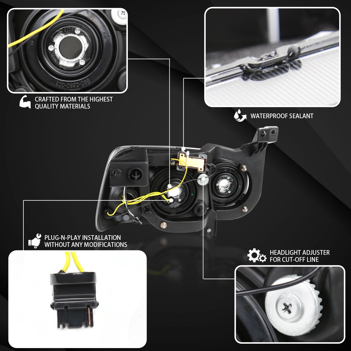 Autozensation Compatible With 2006-2010 Dodge Charger 4Dr Sedan, Left + Right Pair Headlamp Assembly, Black Headlights W/Fiber Optic Led Strip And Turn Signal Light