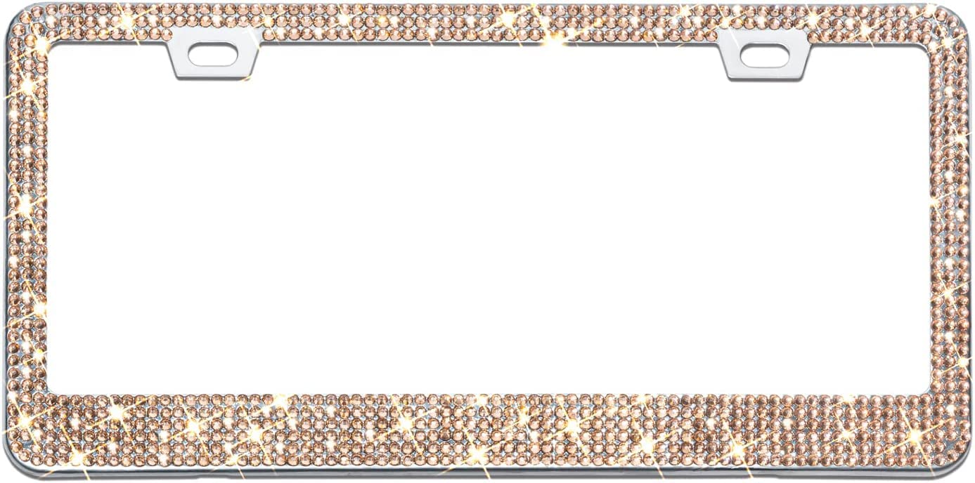 Bling License Plate Frame For Women, 1Pcs Sparkly License Plate Frames| Over 1200 Pcs 14 Facets Bedazzled Clear Glass Diamond Rhinestone Crystals W/Free Glitter Diamond Box (Champagne)