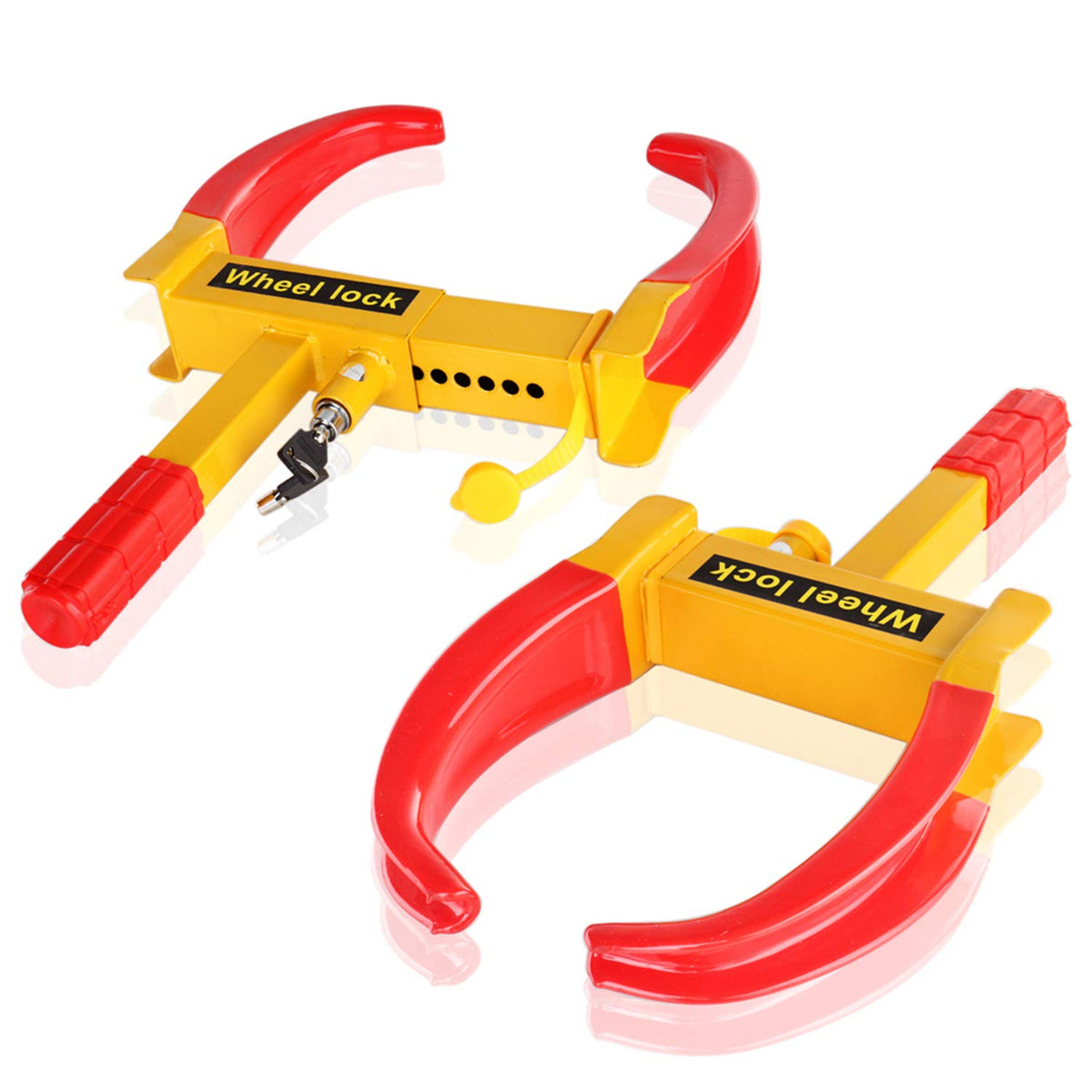 Flexzion Anti-Theft Wheel Lock Clamp, 2 Pack, Heavy Duty, Adjustable, Portable, Anti-Rust Steel, Bright Yellow And Red