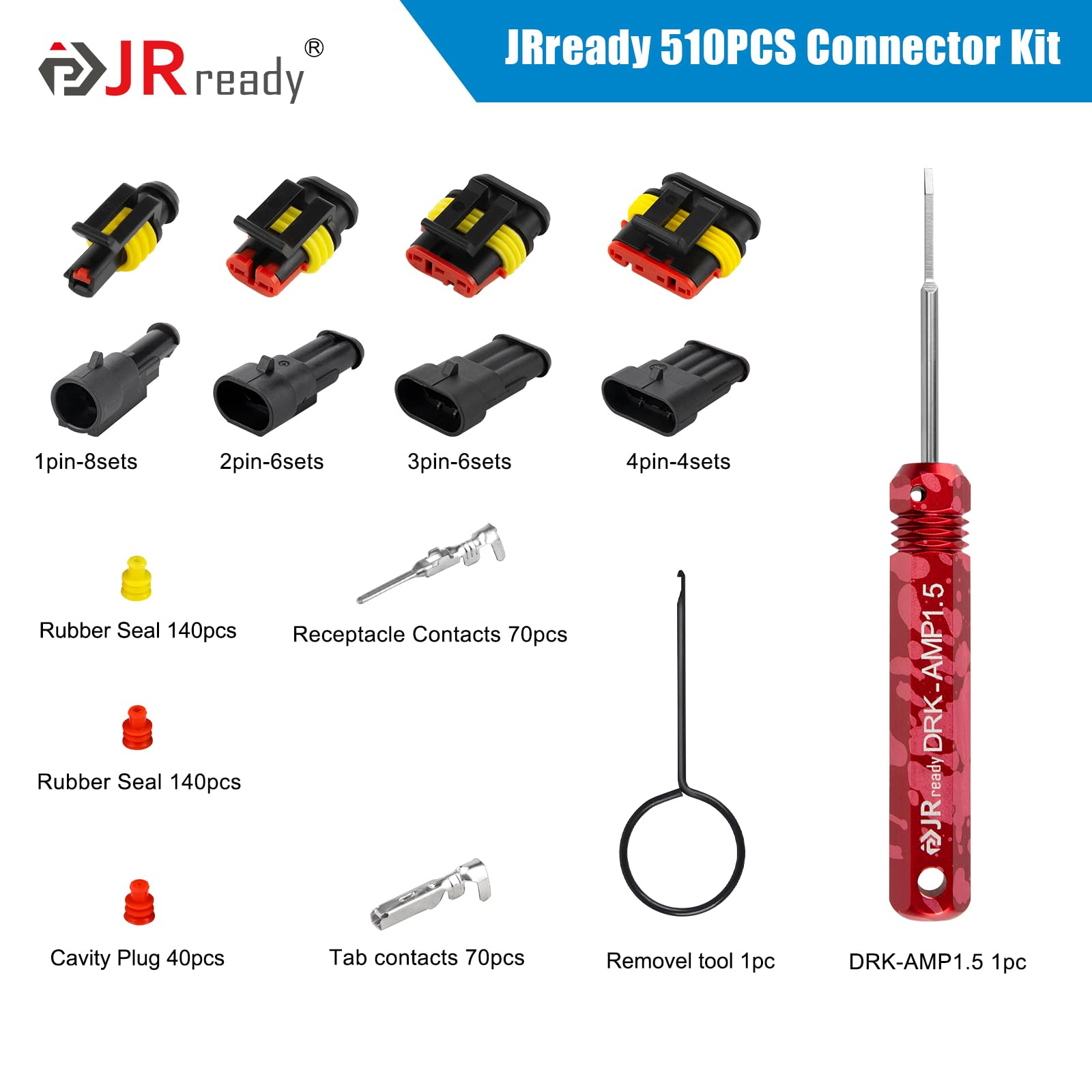 Jrready St6383 Waterproof Automotive Electrical Connectors Kits 510Pcs, 1/2/3/4 Pin Male&Female Connectors Plugs,Stamped Formed Contacts 18-16 Awg, Pin Removel Tools, For Car Truck Motorcycle Marine