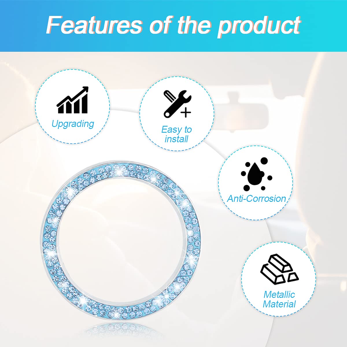 2 Pack Car Push Start Button Cover/Sticker, Key Ignition Knob Bling Ring, Sparkling Car Interior Accessories For Women (Blue1)