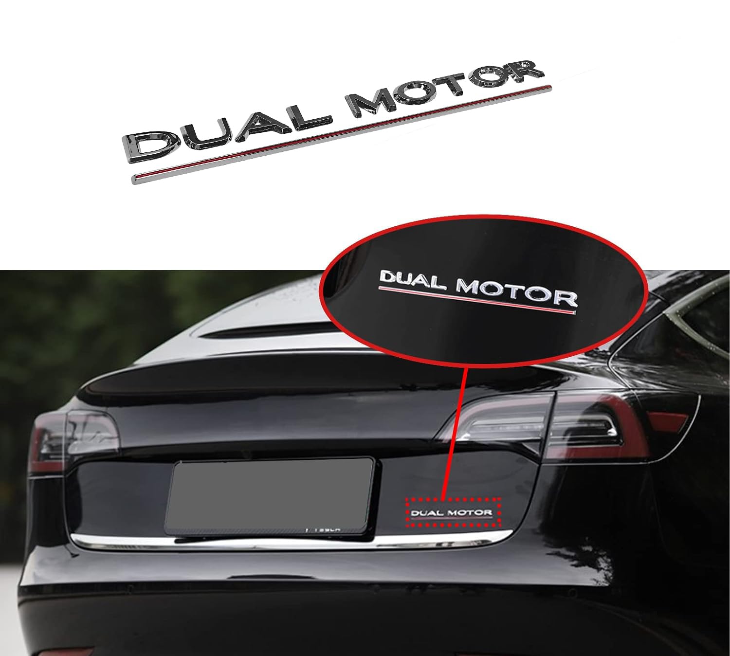 Knomix Dual Motor Emblem Badge Sticker Plaid Decor Compatible with Tesla Model 3 Y X S Accessories (Silver-Red Line)