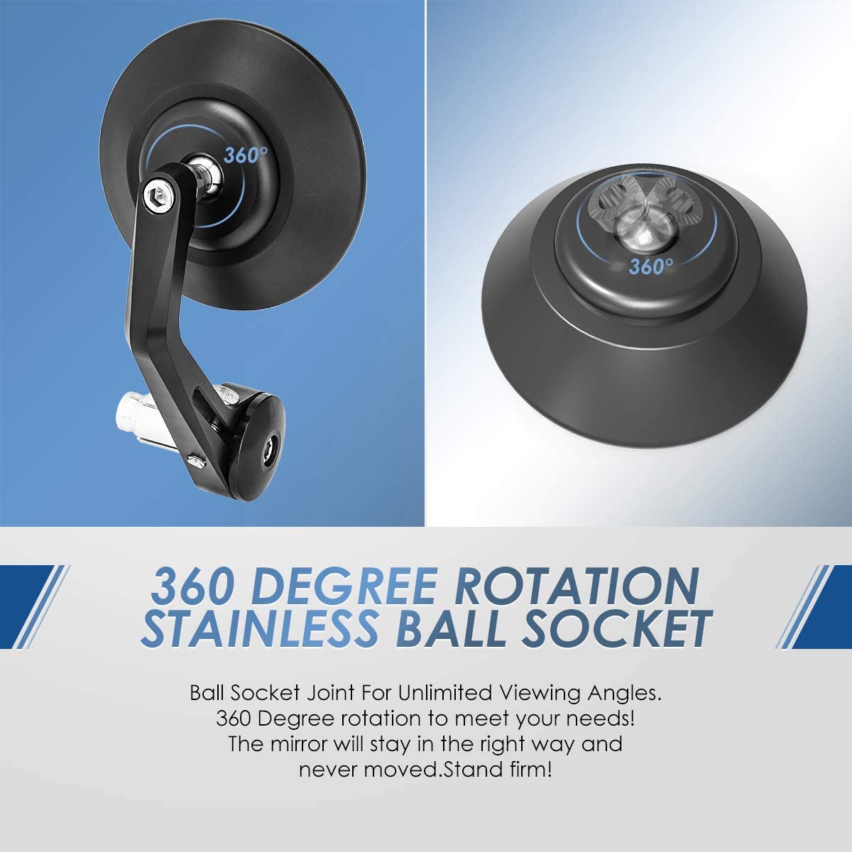 Kemimoto Motorcycle Handlebar Bar End Mirrors, Cnc Aluminum Rearview Mirror Blue Lense Anti Glare Universal 7/8 Round Compatible With Most Motorcycle, E-Bike, Scooters, Atv, Utv