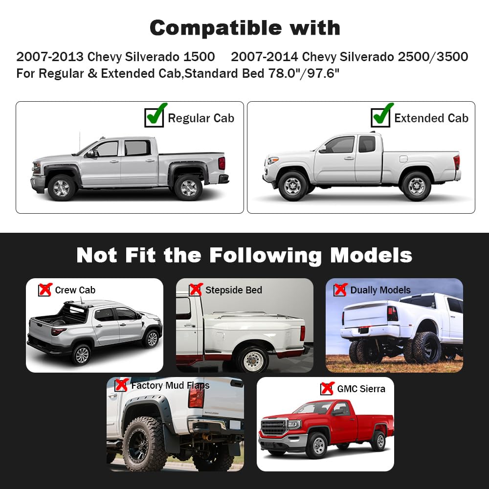 G-PLUS Pocket Rivet Fender Flares for Chevy Silverado 07-13/2500HD, Black Polypropylene, 78.0"/97.6" Long Bed, Regular/Extended Cab