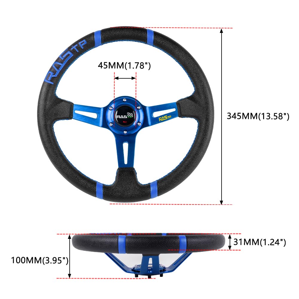 Rastp Universal Racing Steering Wheel,Deep Dish Steering Wheel Leather Embroidery 13.58”/345Mm 6 Bolts With Horn Button Include Cable, Wrench,Blue